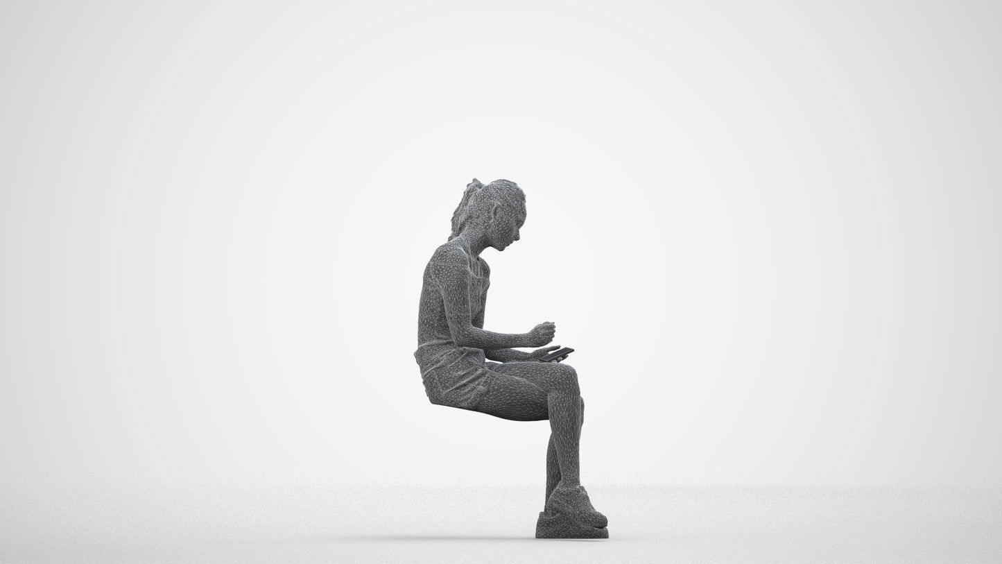 realistic 3D people woman casual sitting, render-ready for V-Ray and Corona, FBX OBJ, wireframe side view