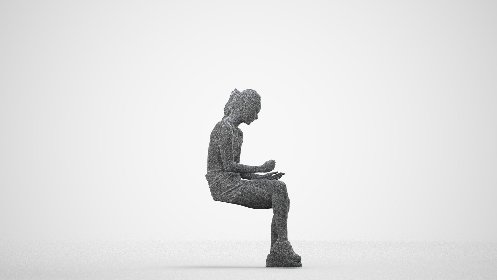 realistic 3D people woman casual sitting, render-ready for V-Ray and Corona, FBX OBJ, wireframe side view