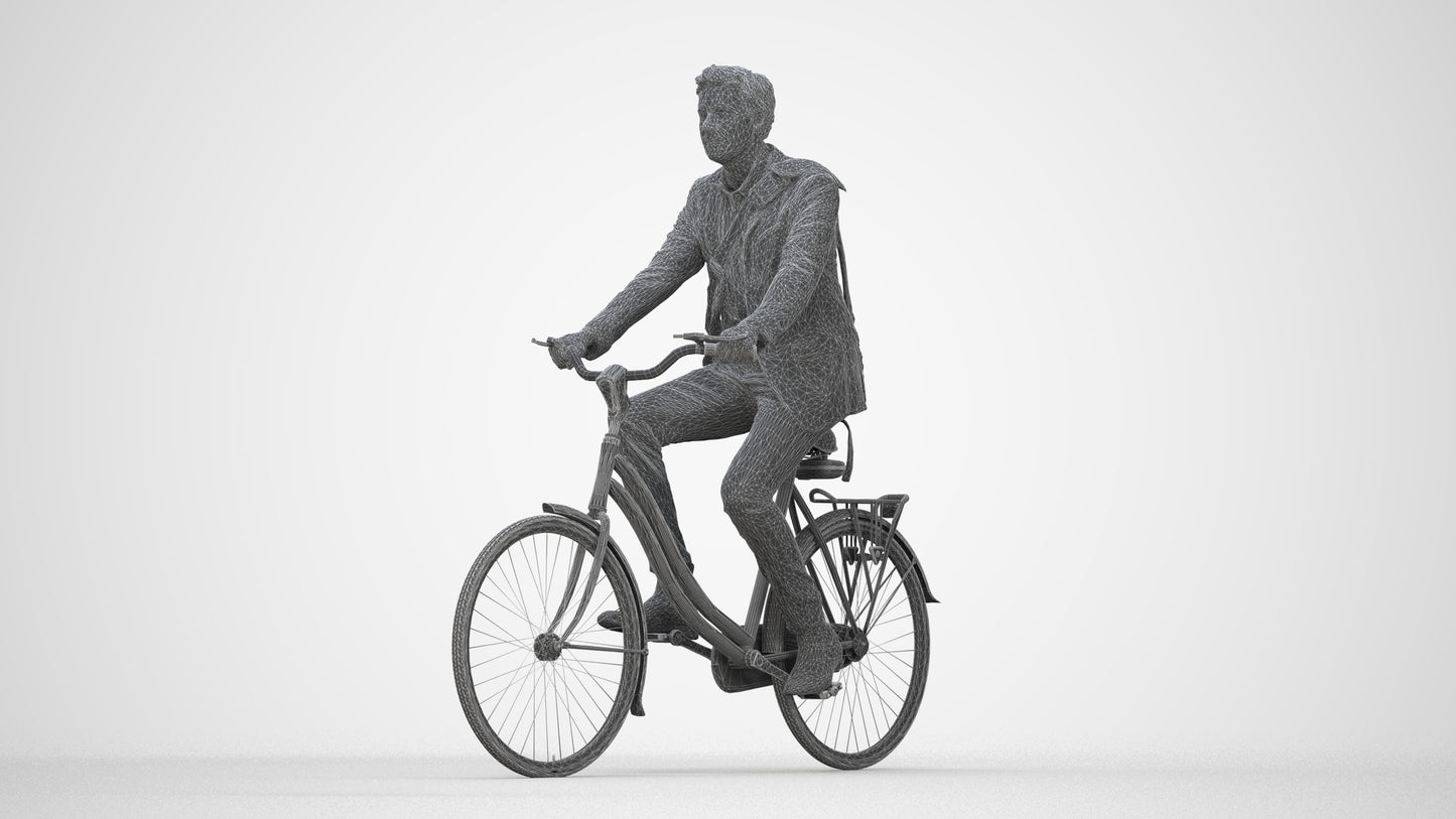 3D human model man business cycling, photogrammetry scanned person for archviz, wireframe back view