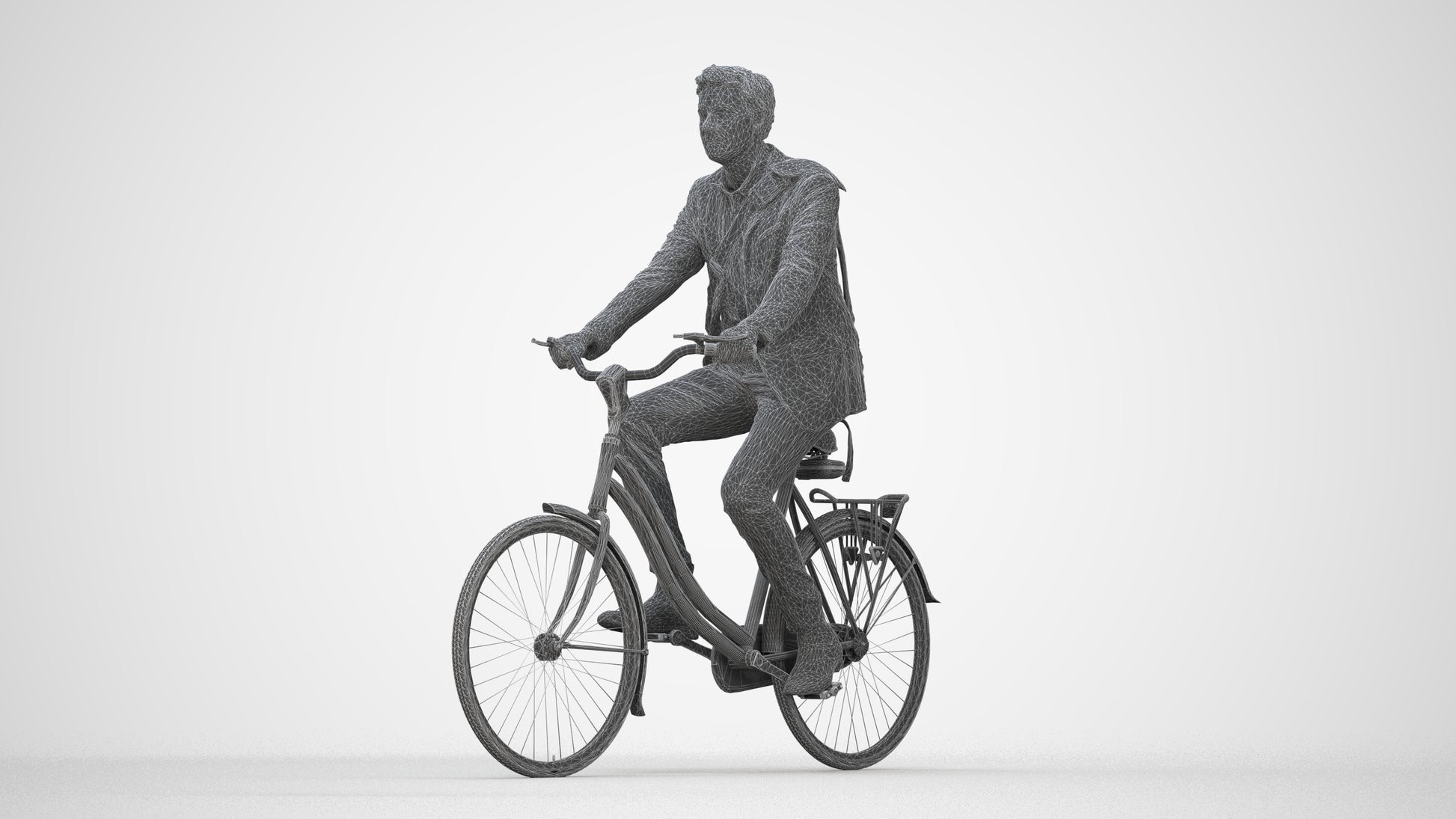 3D human model man business cycling, photogrammetry scanned person for archviz, wireframe back view