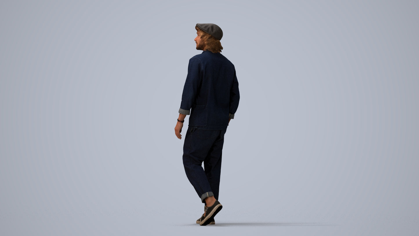 3D human model man casual walking, photogrammetry scanned person for archviz, three-quarter view render