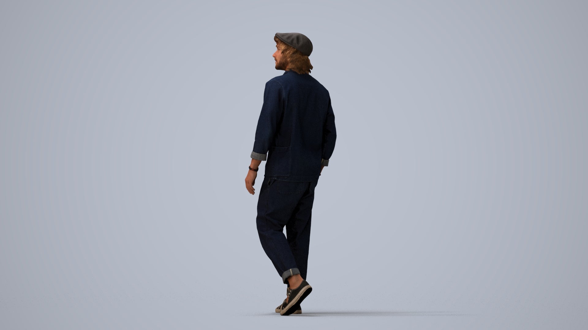 3D human model man casual walking, photogrammetry scanned person for archviz, three-quarter view render