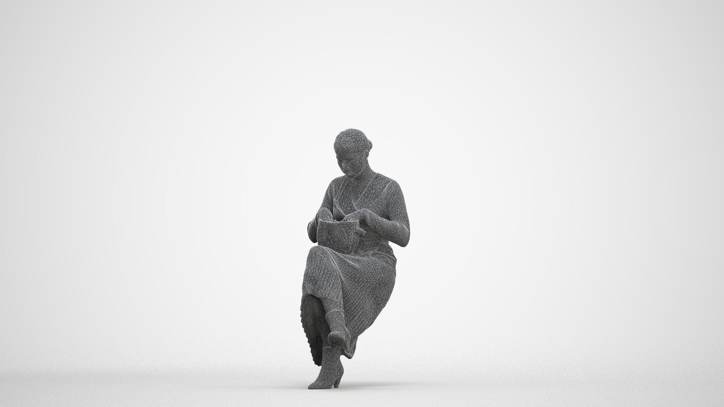 realistic 3D human woman casual sitting, archviz people FBX OBJ for Blender, three-quarter front view render