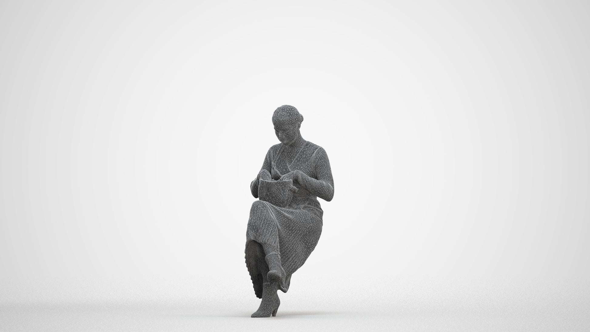 realistic 3D human woman casual sitting, archviz people FBX OBJ for Blender, three-quarter front view render