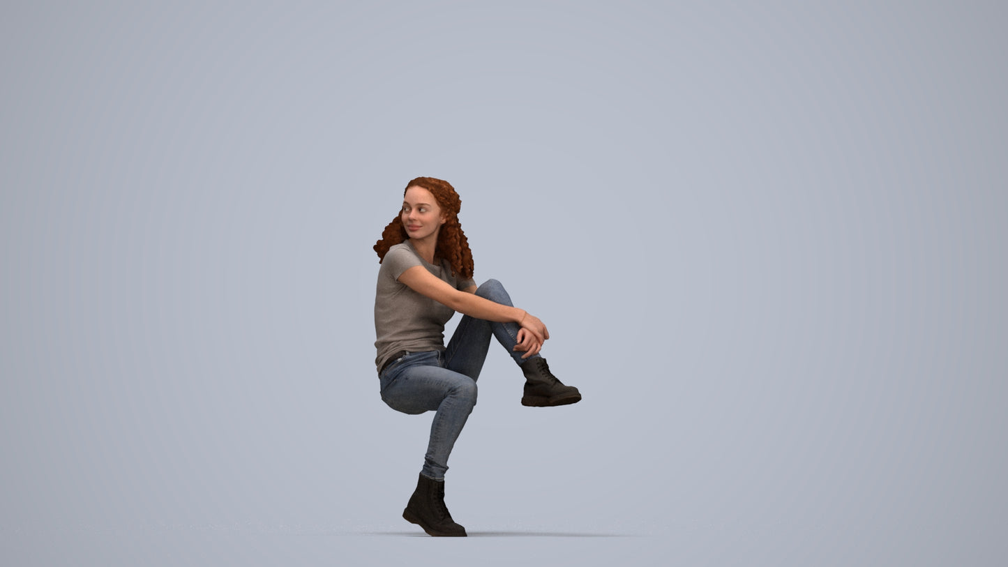 3D people model woman casual sitting, scanned human for 3ds Max rendering, top-down view render