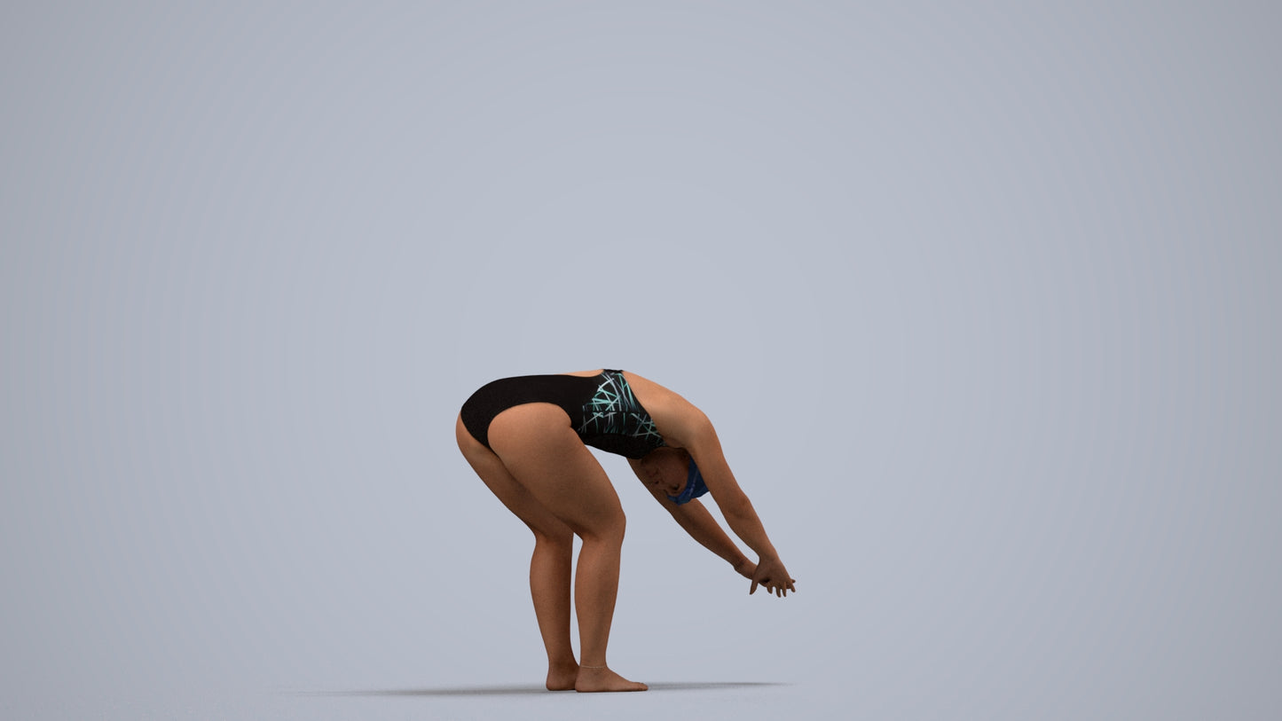 3D human model woman sport pool, photogrammetry scanned person for archviz, side view render