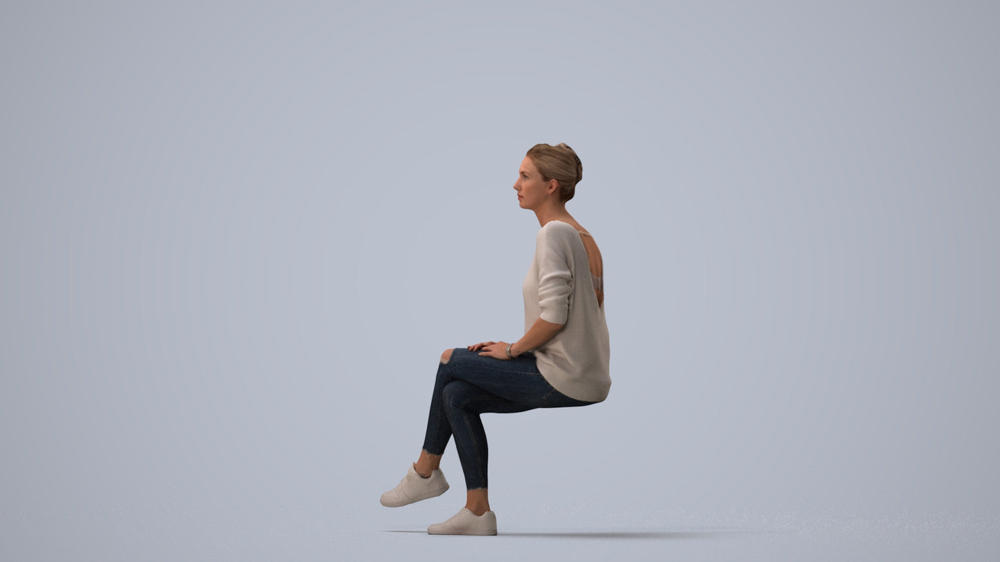 realistic 3D people woman casual sitting, render-ready for V-Ray and Corona, FBX OBJ, three-quarter view render