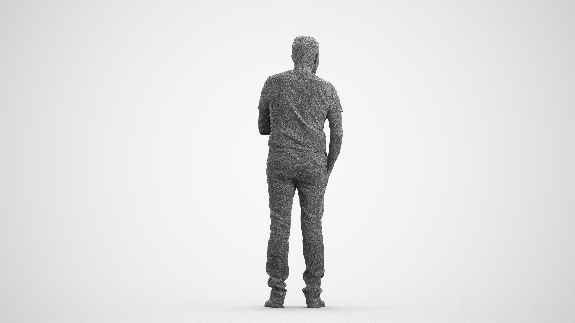 3D human model senior man casual standing, photogrammetry scanned person for archviz, wireframe front view