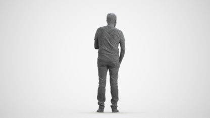 3D human model senior man casual standing, photogrammetry scanned person for archviz, wireframe front view