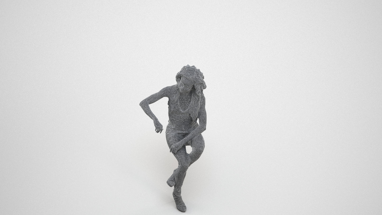 3D people model woman casual sitting, scanned human for 3ds Max rendering, wireframe three-quarter view
