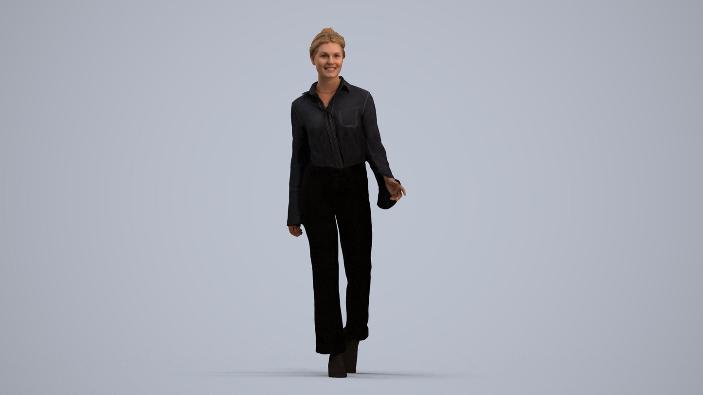 3D human model woman business walking, photogrammetry scanned person for archviz, standing pose render