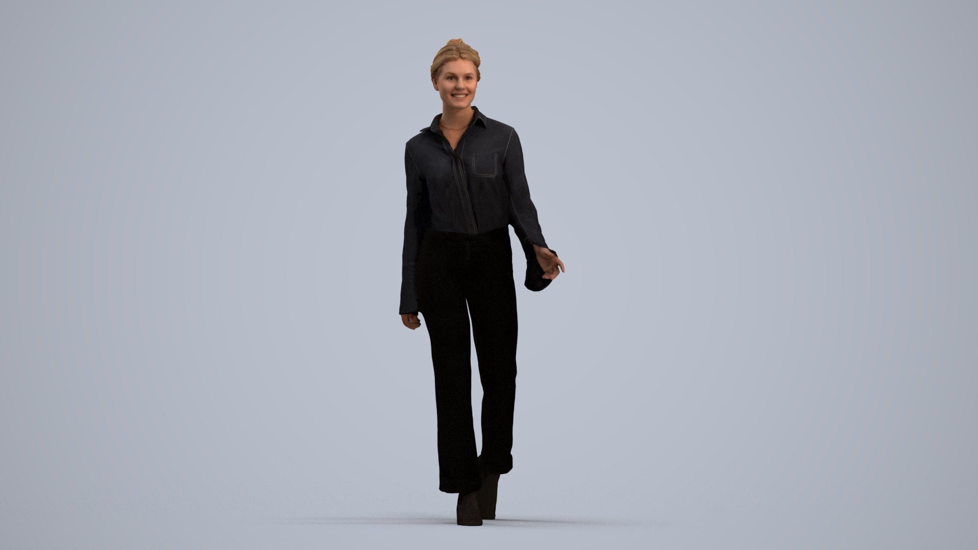 3D human model woman business walking, photogrammetry scanned person for archviz, standing pose render