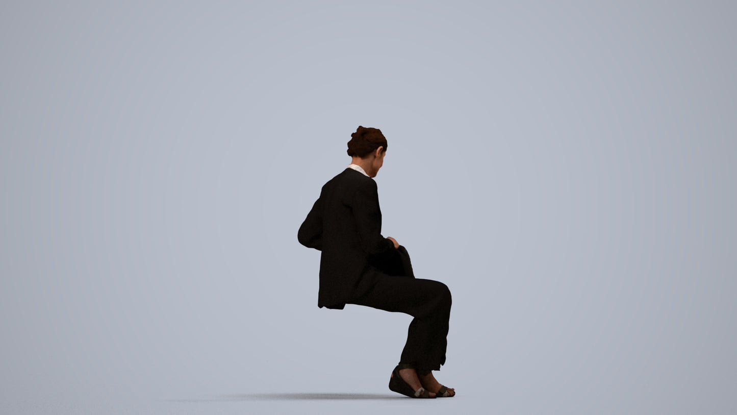 3D human model senior woman business sitting, photogrammetry scanned person for archviz, side view render
