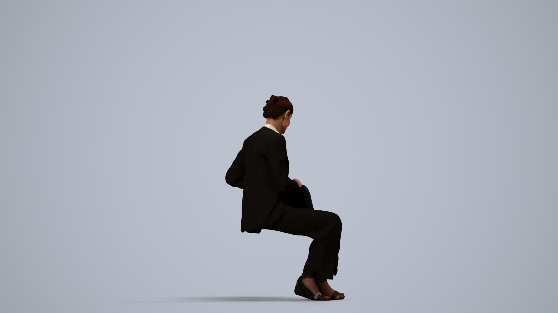 3D human model senior woman business sitting, photogrammetry scanned person for archviz, side view render