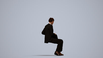 3D human model senior woman business sitting, photogrammetry scanned person for archviz, side view render