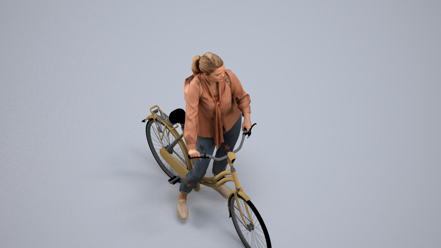 3D scanned woman cycling casual, photorealistic archviz people for Enscape and SketchUp, back view render