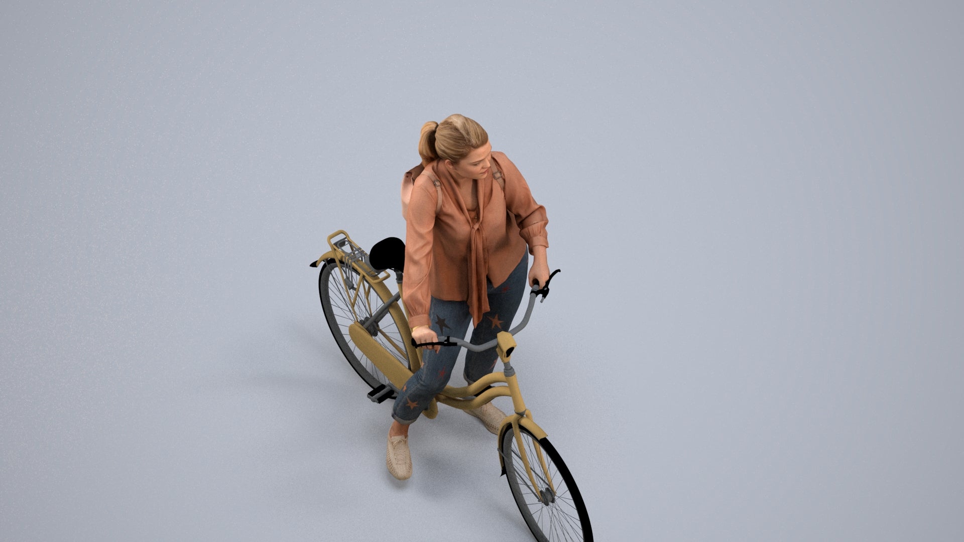 3D scanned woman cycling casual, photorealistic archviz people for Enscape and SketchUp, back view render