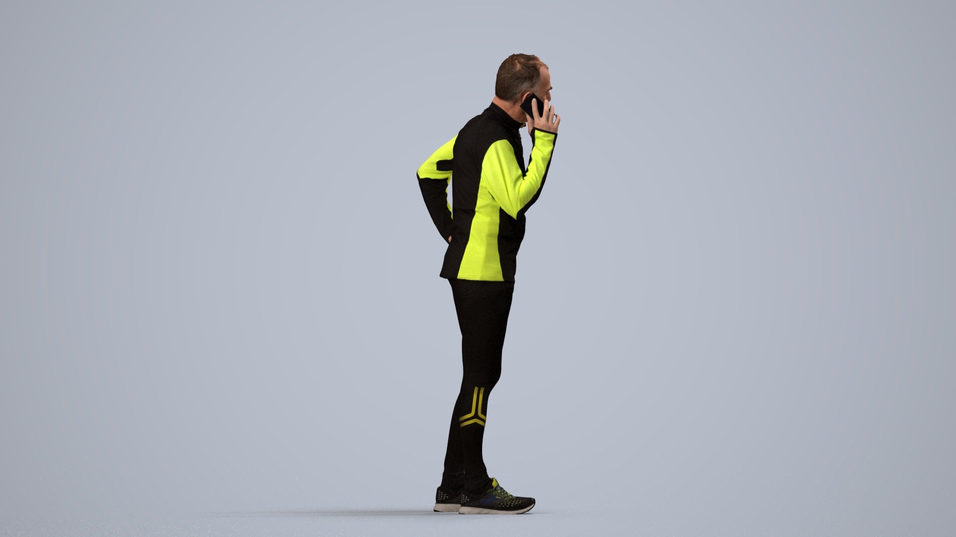 3D human model senior man sport, photogrammetry scanned person for archviz, side view render