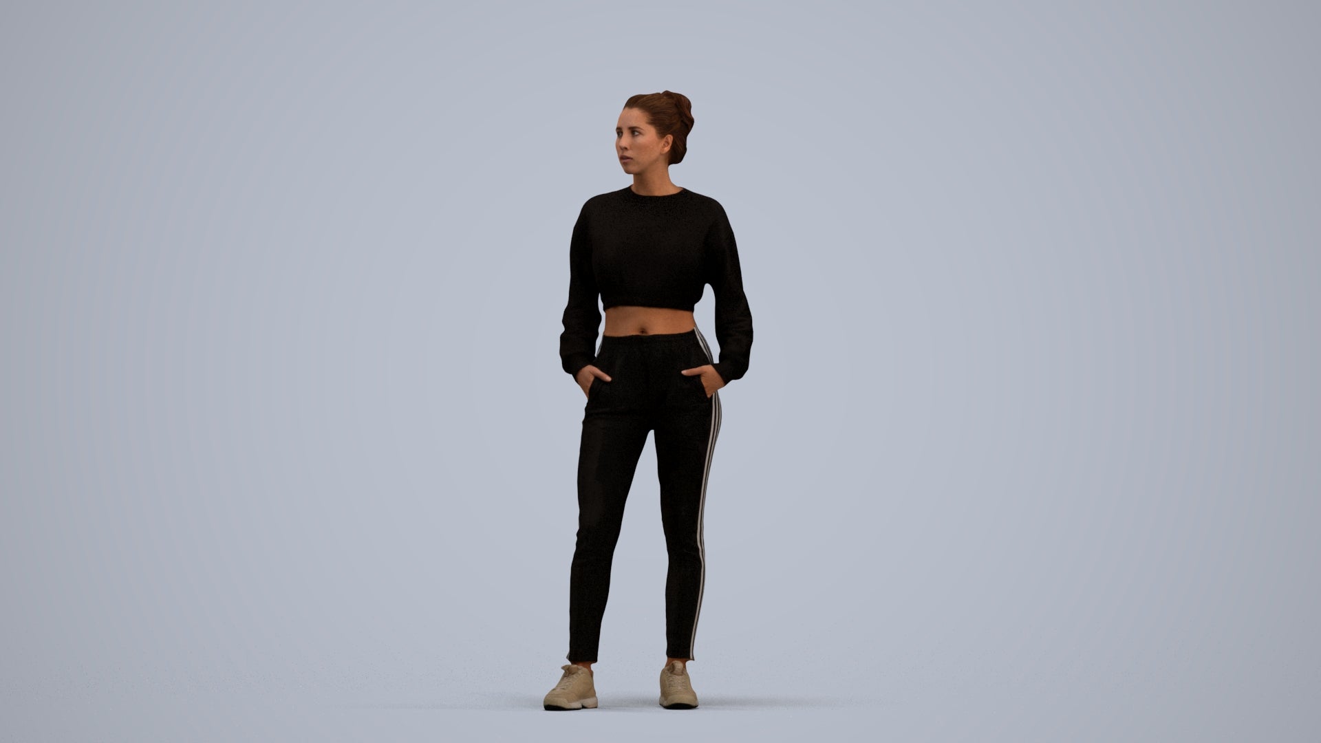 realistic 3D woman sport, scanned archviz people for Blender and 3ds Max, standing pose render