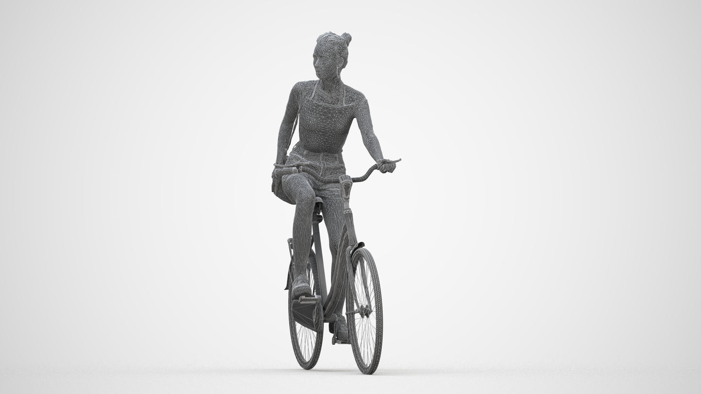 realistic 3D human woman casual cycling, archviz people FBX OBJ for Blender, wireframe back view