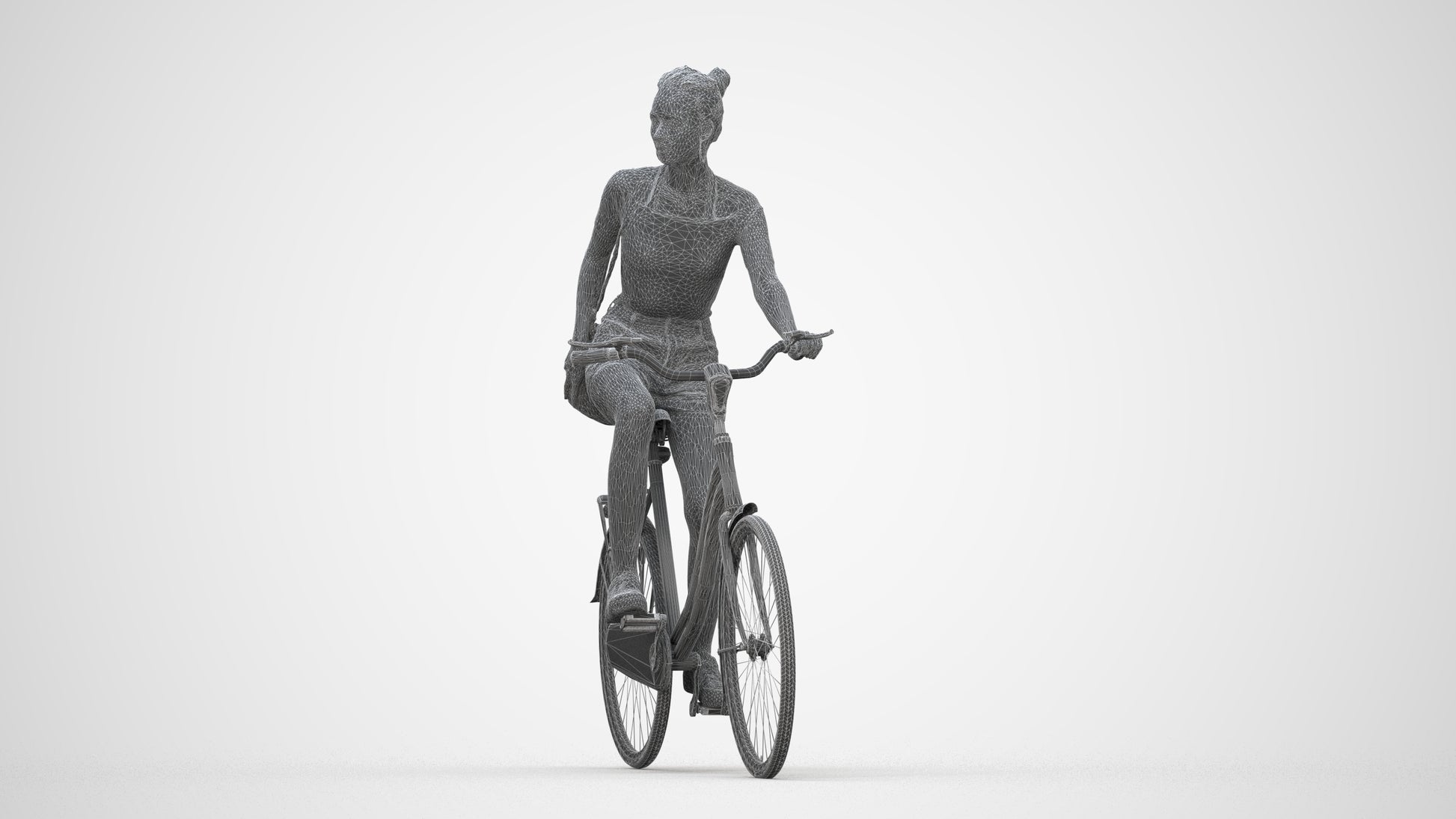 realistic 3D human woman casual cycling, archviz people FBX OBJ for Blender, wireframe back view