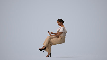 3D scanned woman sitting business, photorealistic archviz people for Enscape and SketchUp, three-quarter view render