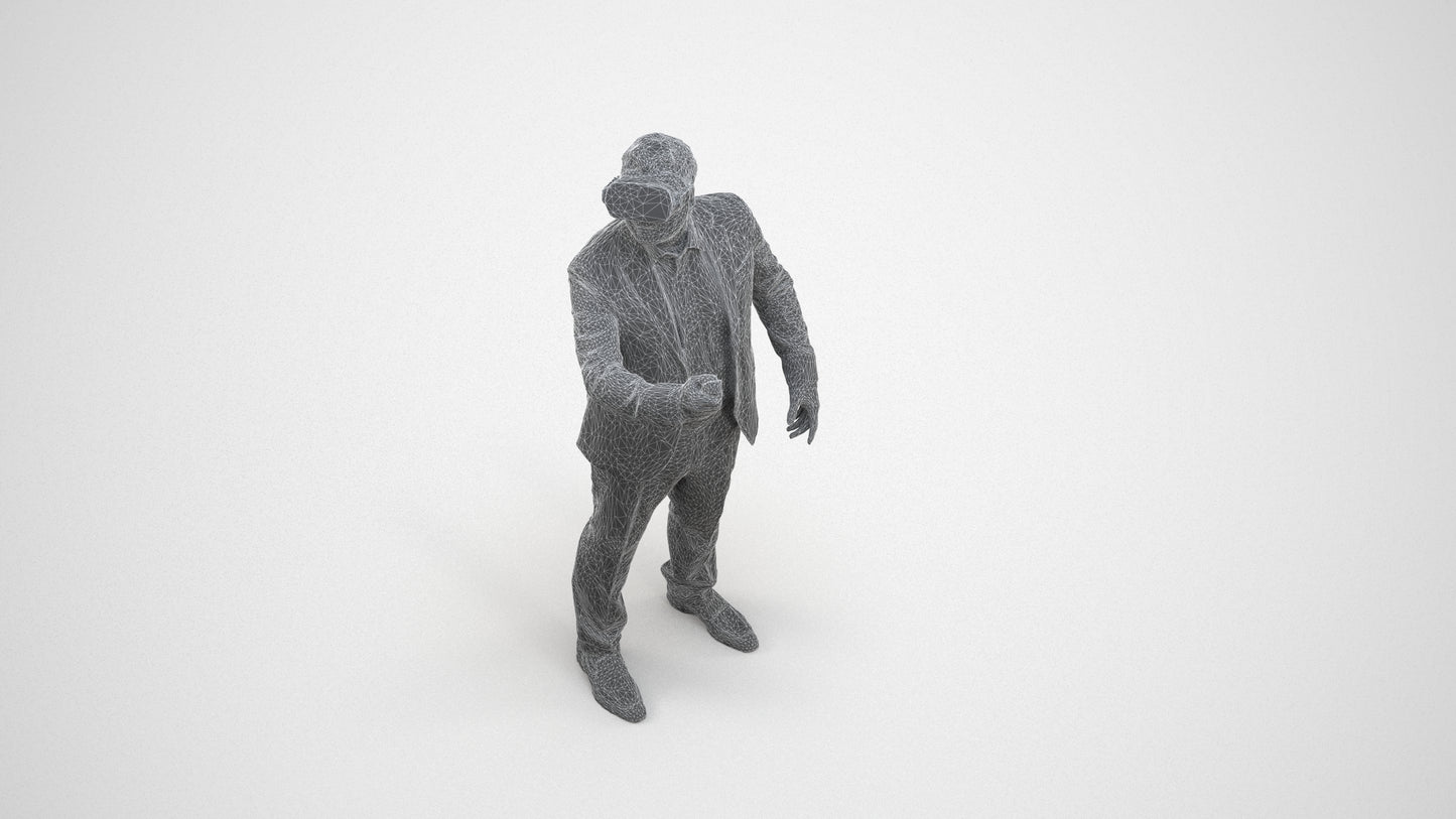 realistic 3D human man business standing, archviz people FBX OBJ for Blender, wireframe three-quarter view