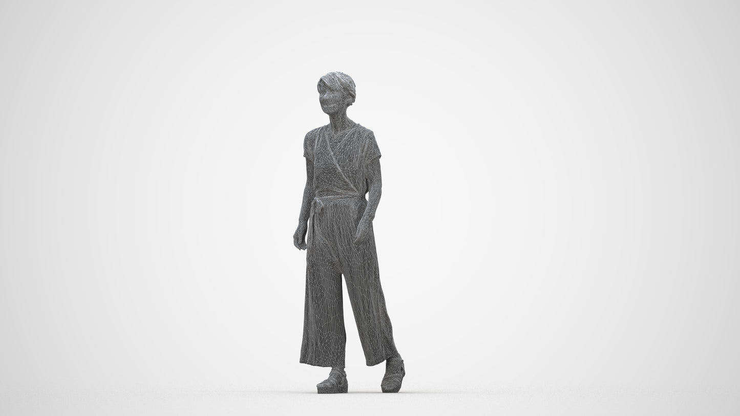 3D human model senior woman casual walking, photogrammetry scanned person for archviz, wireframe back view