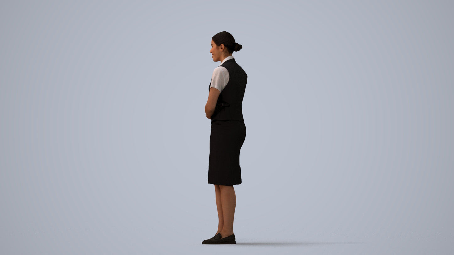 3D scanned woman hospitality, photorealistic archviz people for Enscape and SketchUp, three-quarter view render