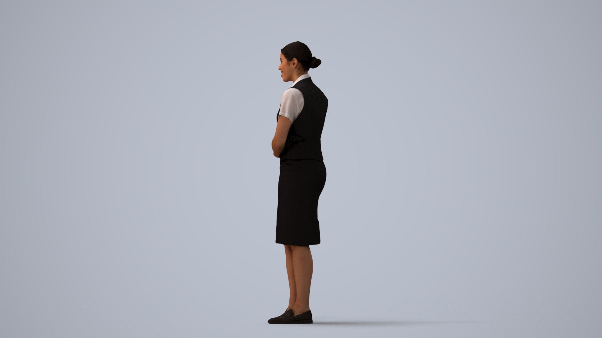 3D scanned woman hospitality, photorealistic archviz people for Enscape and SketchUp, three-quarter view render