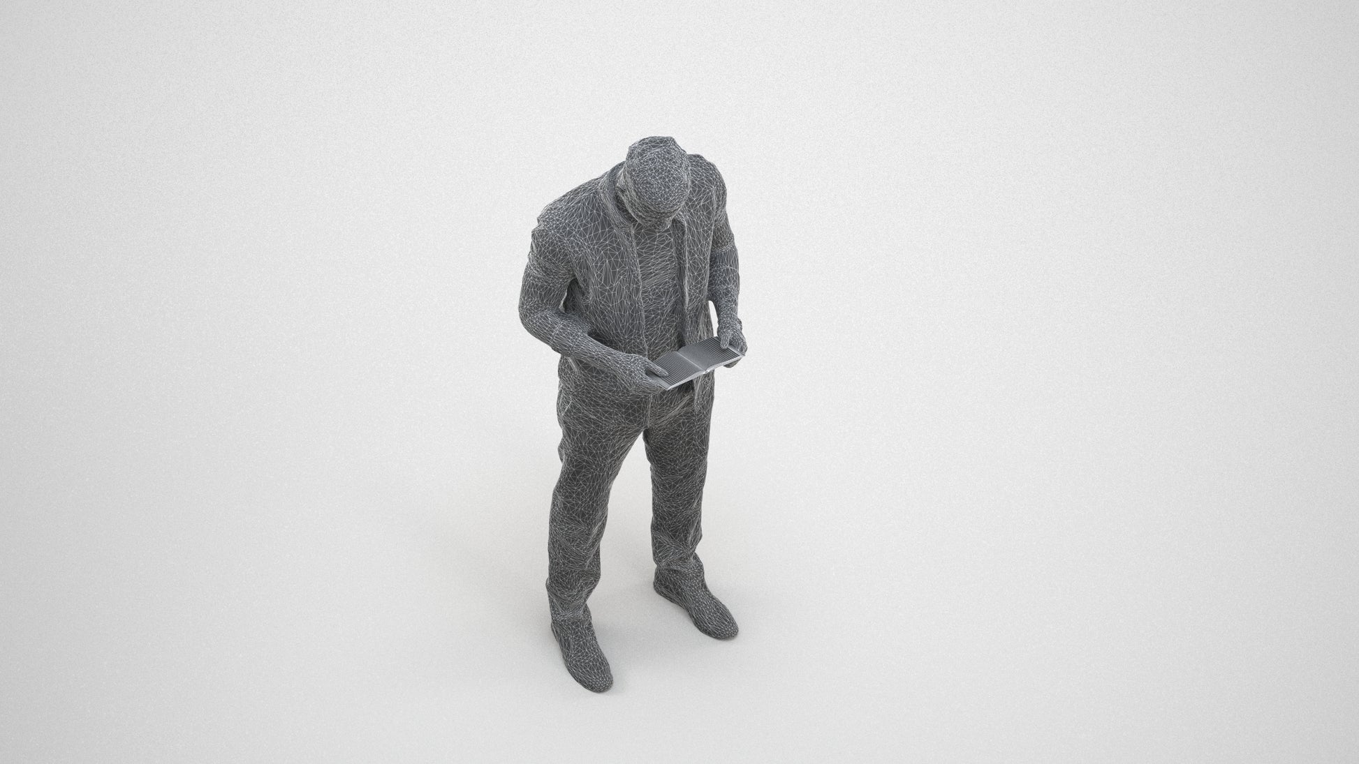 3D human model man casual standing, photogrammetry scanned person for archviz, wireframe three-quarter view