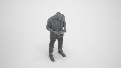 3D human model man casual standing, photogrammetry scanned person for archviz, wireframe three-quarter view