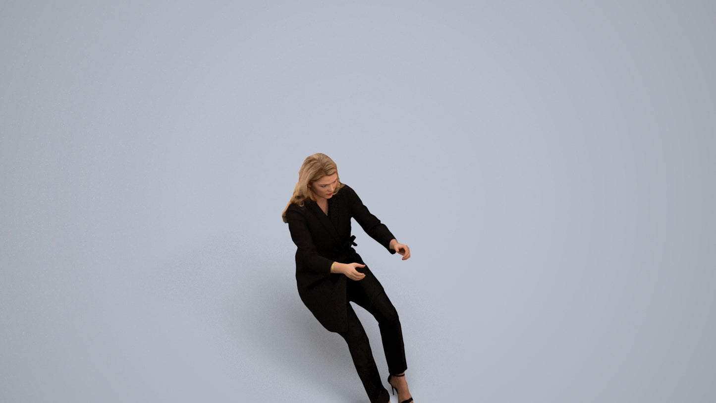 3D human model woman business sitting, photogrammetry scanned person for archviz, back view render