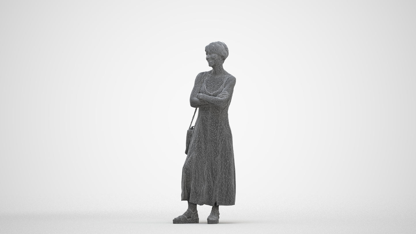 3D human model senior woman standing, photogrammetry scanned person for archviz, three-quarter front view render