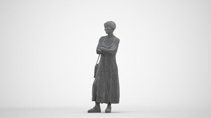 3D human model senior woman standing, photogrammetry scanned person for archviz, three-quarter front view render