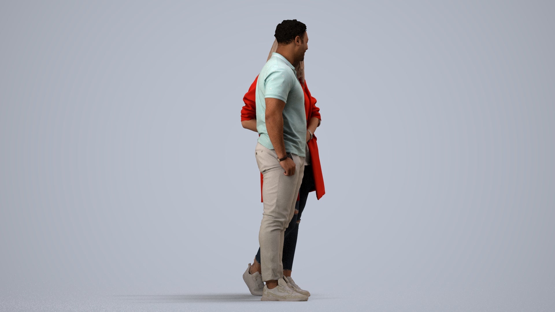 realistic 3D human man casual couple, archviz people FBX OBJ for Blender, side view render