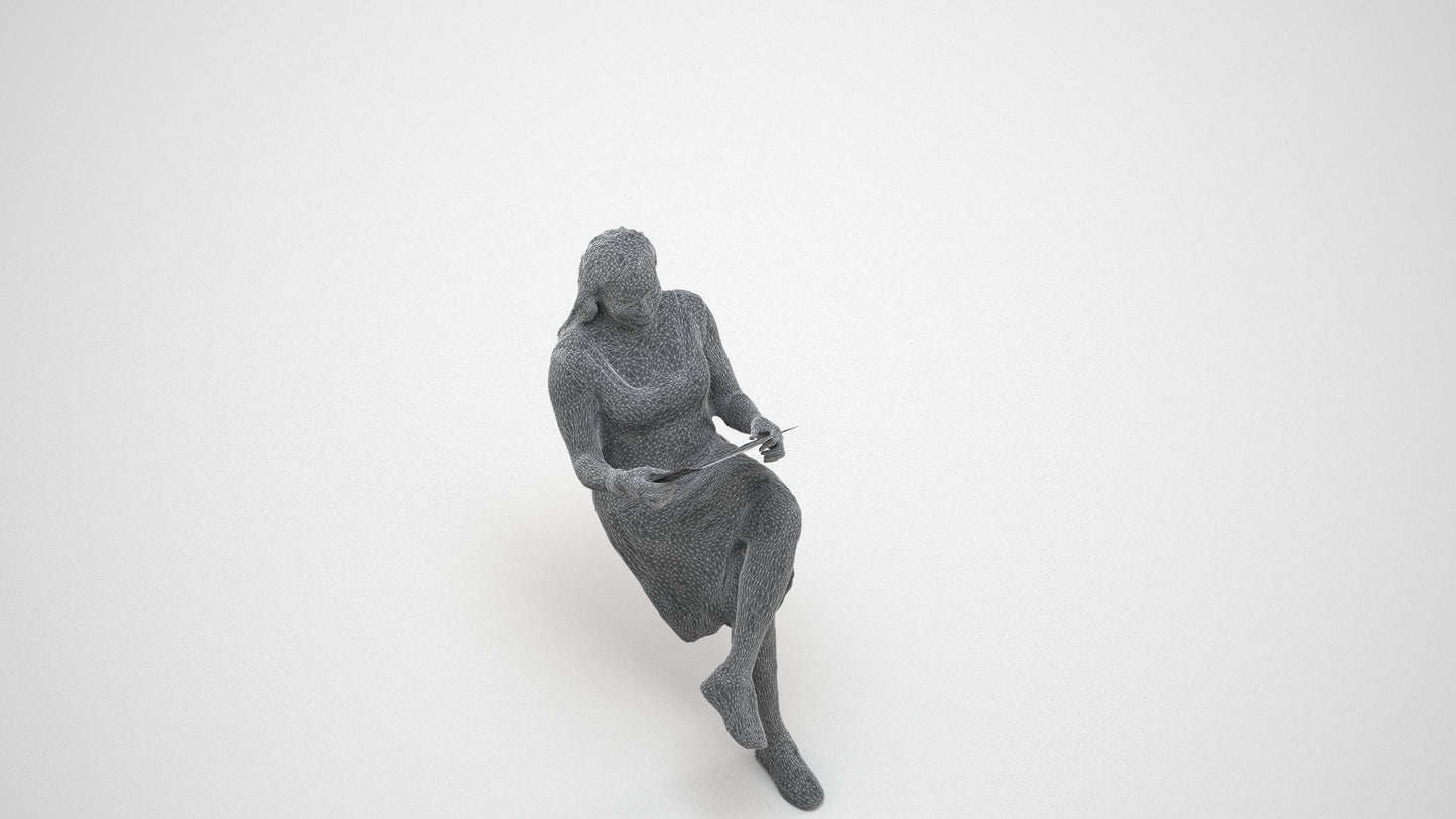 realistic 3D human woman casual sitting, archviz people FBX OBJ for Blender, wireframe three-quarter view