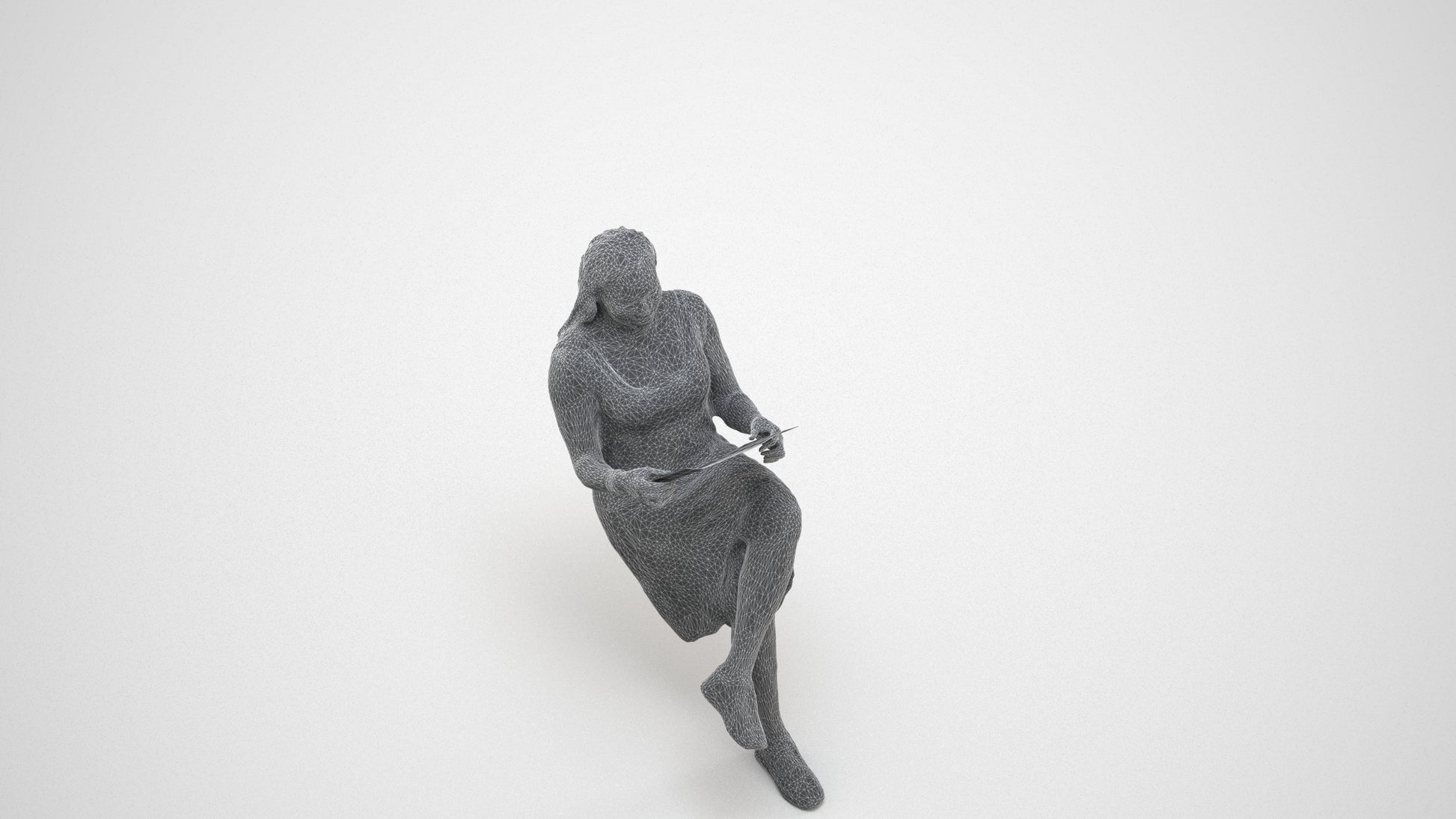 realistic 3D human woman casual sitting, archviz people FBX OBJ for Blender, wireframe three-quarter view