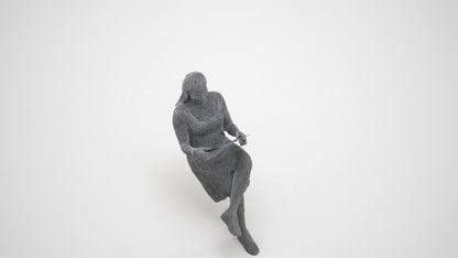 realistic 3D human woman casual sitting, archviz people FBX OBJ for Blender, wireframe three-quarter view