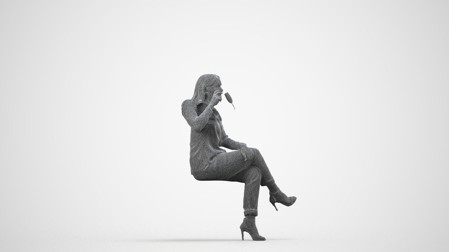 realistic 3D woman casual sitting, scanned archviz people for Blender and 3ds Max, wireframe side view
