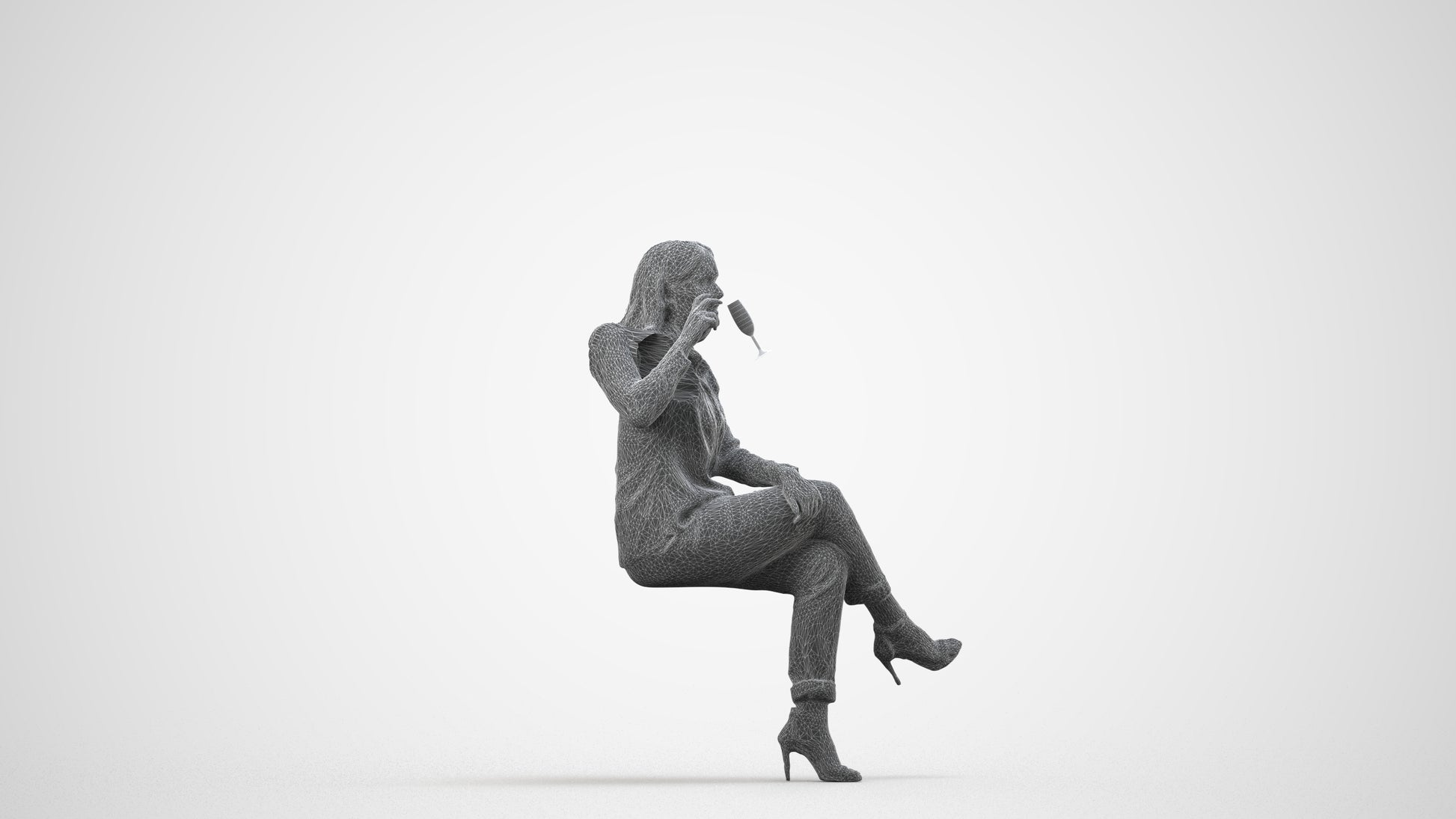 realistic 3D woman casual sitting, scanned archviz people for Blender and 3ds Max, wireframe side view