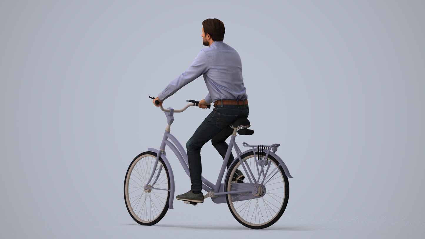 3D scanned man cycling business, photorealistic archviz people for Enscape and SketchUp, three-quarter view render