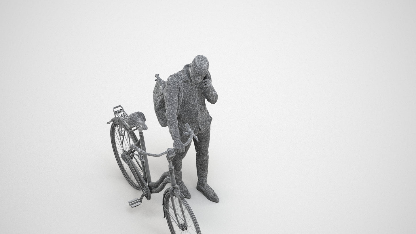 realistic 3D people man business cycling, render-ready for V-Ray and Corona, FBX OBJ, wireframe three-quarter view
