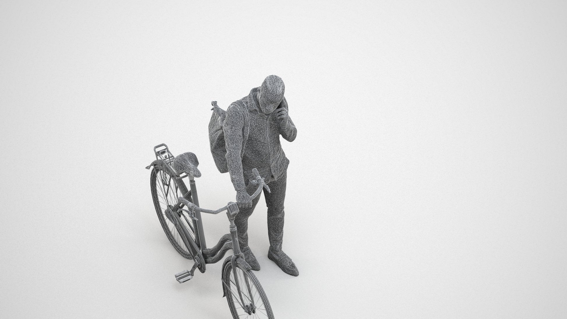 realistic 3D people man business cycling, render-ready for V-Ray and Corona, FBX OBJ, wireframe three-quarter view