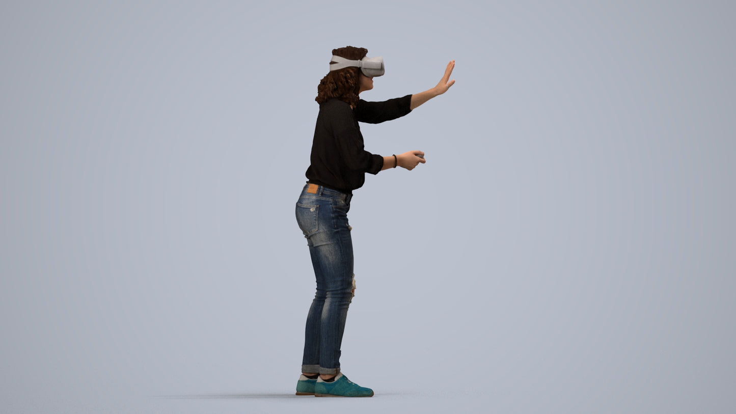 realistic 3D human woman casual standing, archviz people FBX OBJ for Blender, side view render