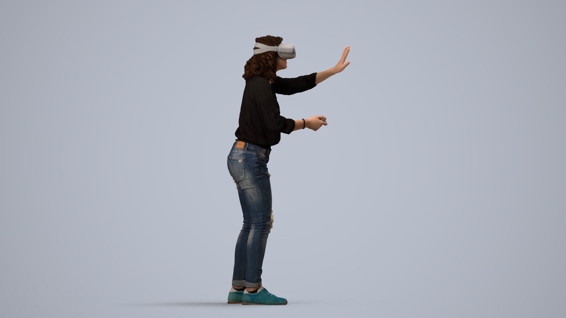 realistic 3D human woman casual standing, archviz people FBX OBJ for Blender, side view render