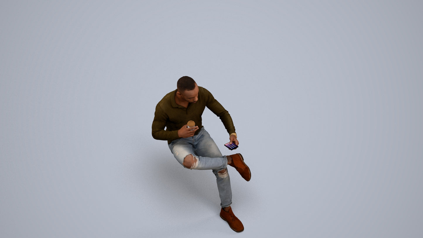 realistic 3D man casual sitting, scanned archviz people for Blender and 3ds Max, back view render