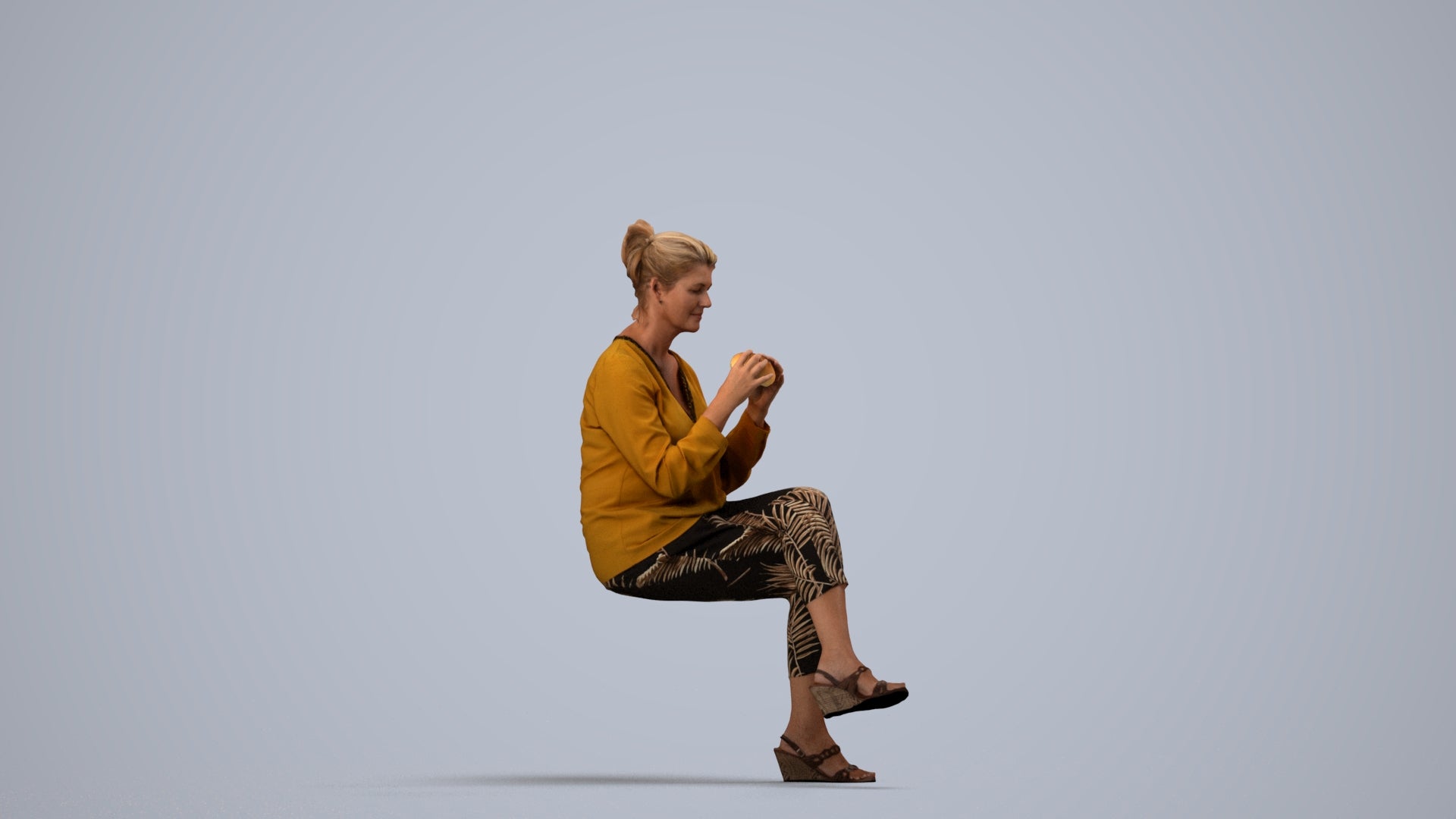 photogrammetry 3D woman casual sitting, realistic human model archviz FBX, side view render