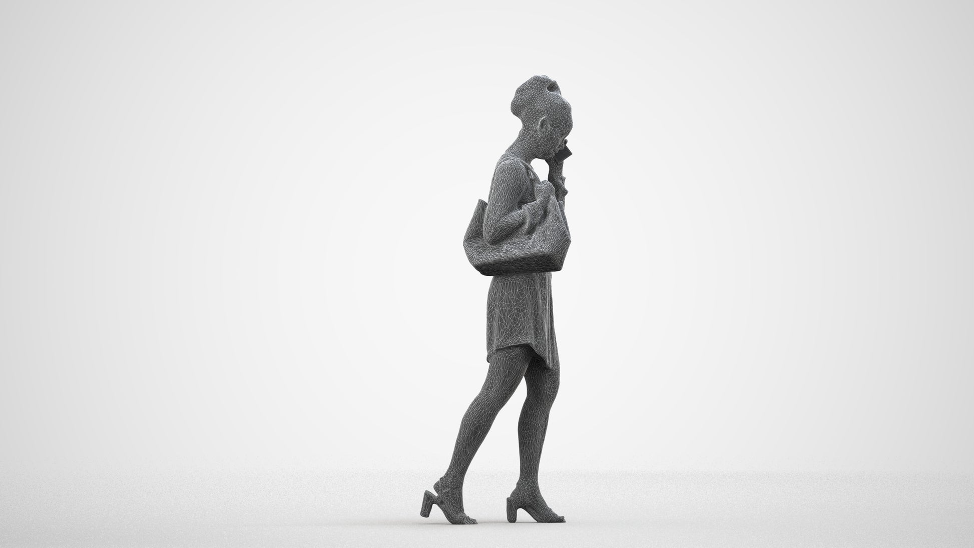 3D people model woman casual walking, scanned human for 3ds Max rendering, wireframe side view