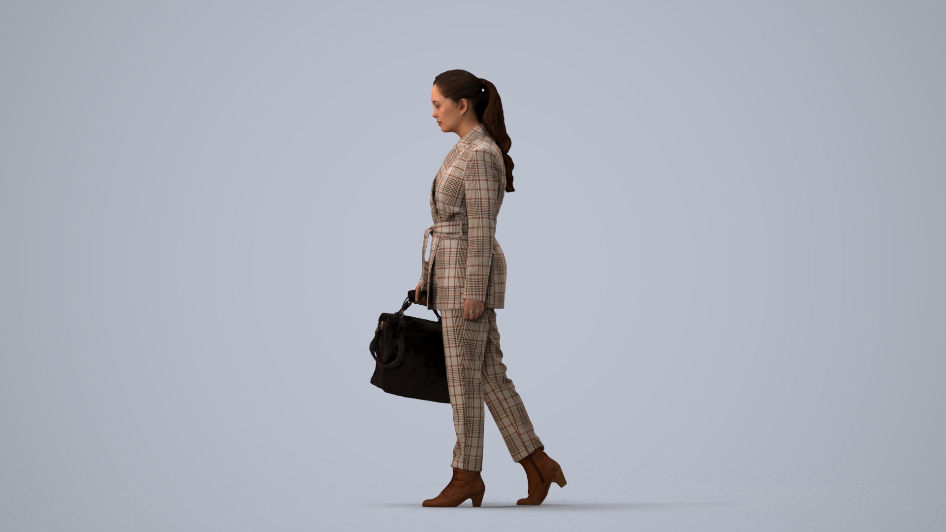 photogrammetry 3D woman business, realistic human model archviz FBX, three-quarter view render